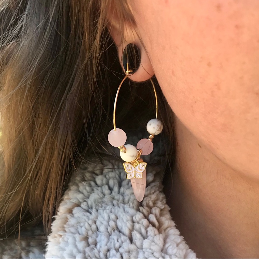 Rose Quartz White Turquoise Butterfly Hoop Earring